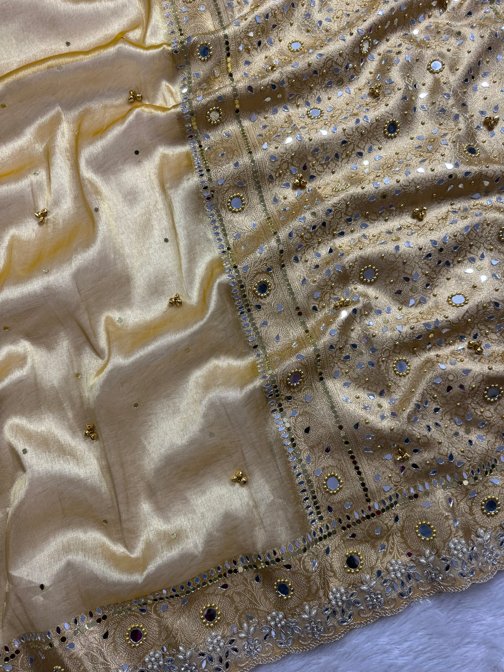 Yellow Tissue Silk Saree With Ghungroo & Mirror Work Designer Border Lace Saree