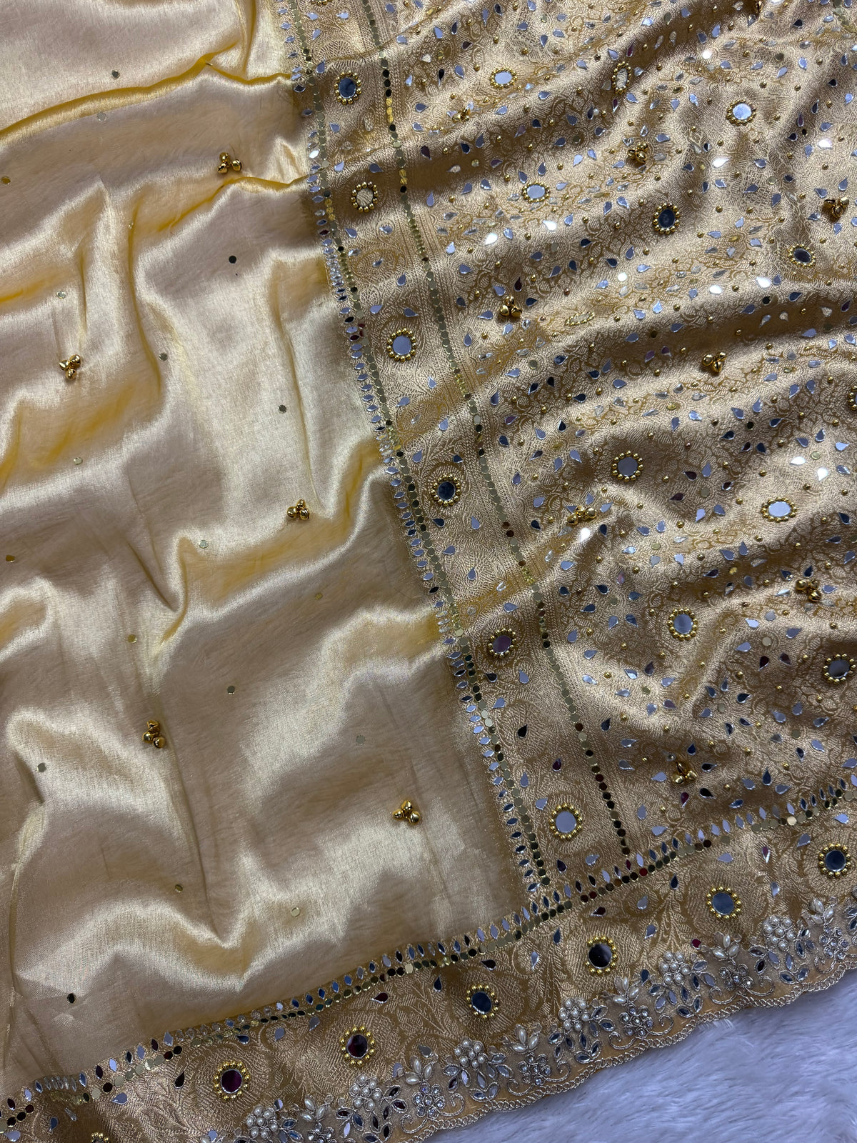 Yellow Tissue Silk Saree With Ghungroo & Mirror Work Designer Border Lace Saree