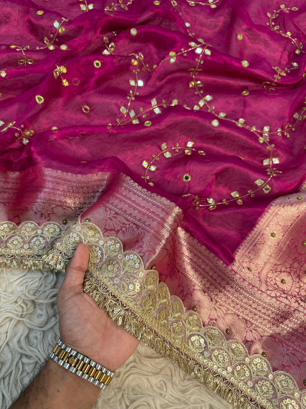 Pure Banarasi Tissue Saree with Hand Work on all over Body with Intricate Border and Pallu Design Along with Gotta Patti Lace Work