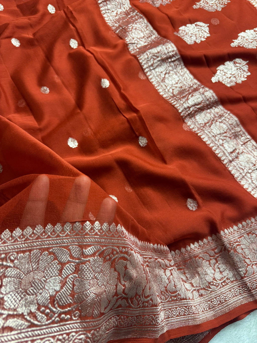 Rust Pure Khaddi Chiffon Silk Banarasi Saree