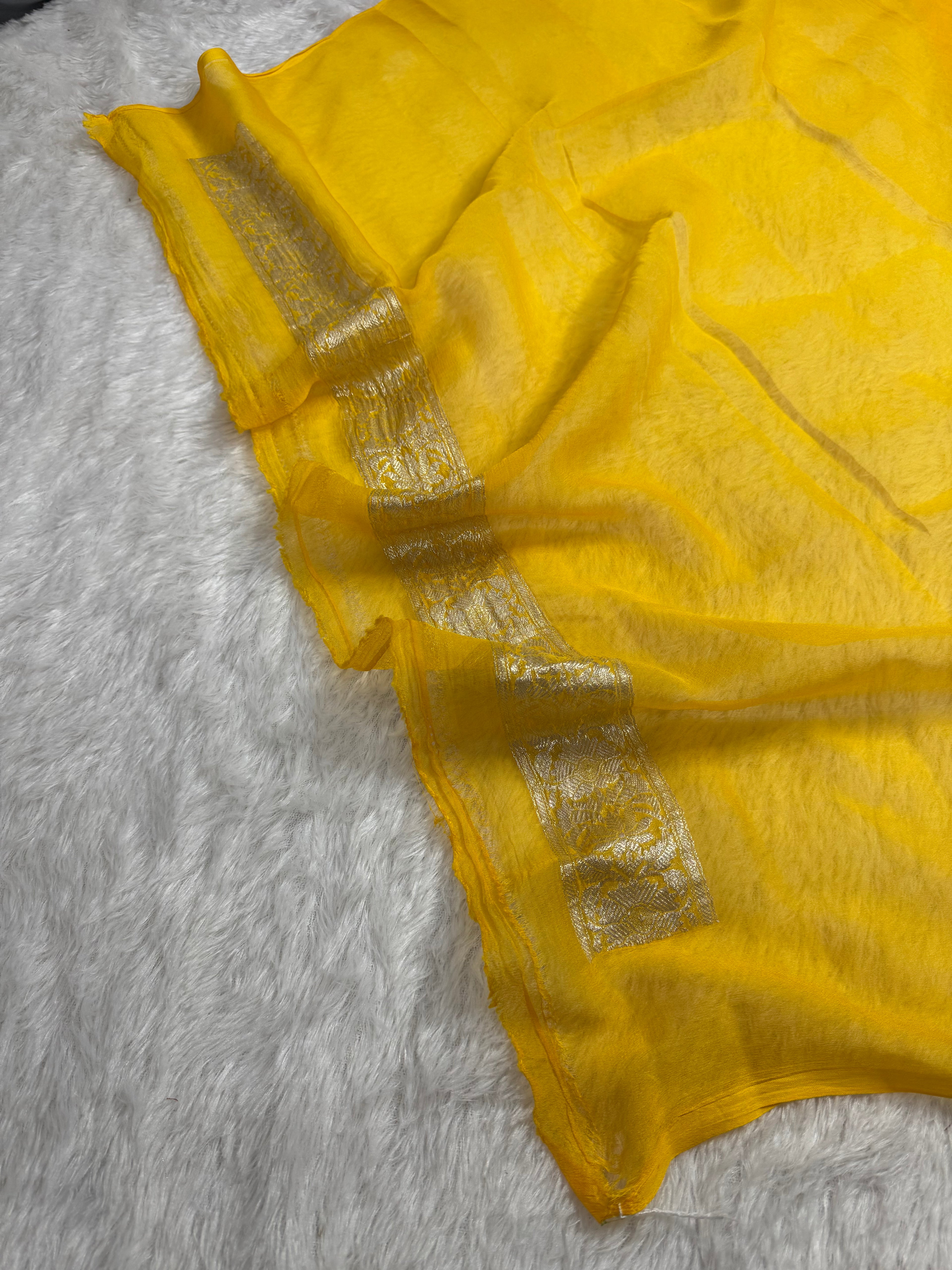Navy Blue & Yellow Pure Khaddi Chiffon Silk Banarasi Saree