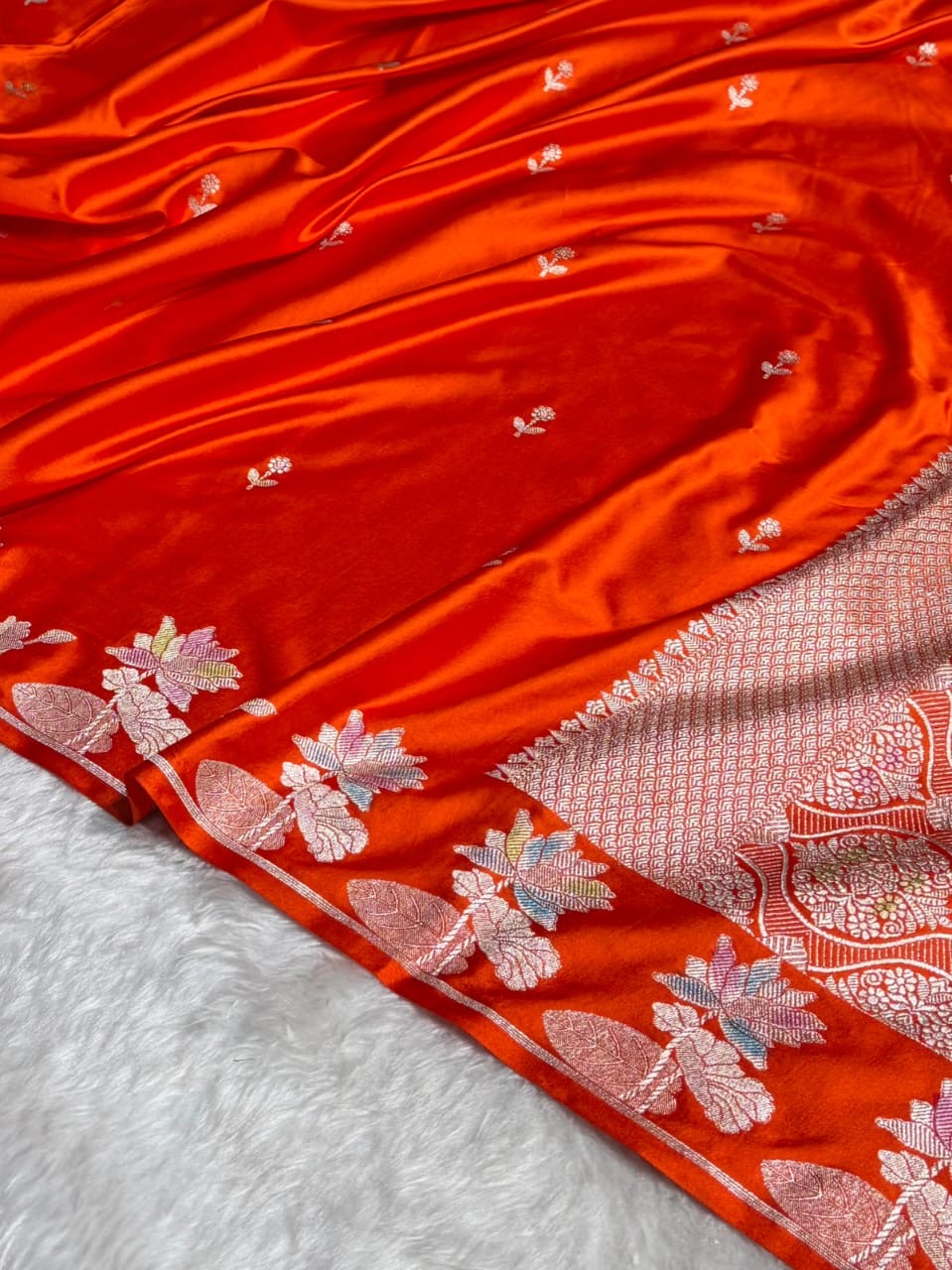 Orange Meenakari Mashru Katan Silk Banarasi Saree