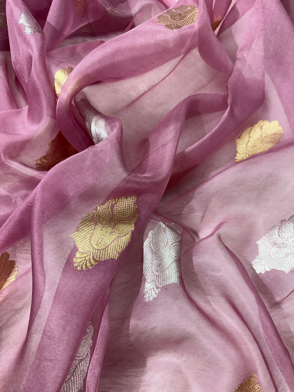 Dusty Rose Pink & Dark Brown Pure Kora Organza Silk Banarasi Saree