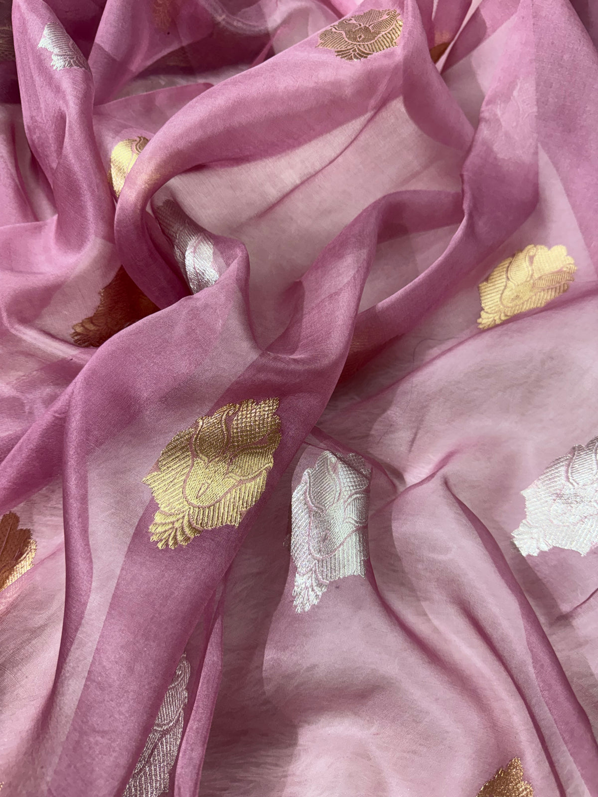 Dusty Rose Pink & Dark Brown Pure Kora Organza Silk Banarasi Saree