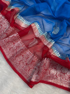 Azure Blue & Red Double Borders Pure Khaddi Chiffon Silk Banarasi Saree