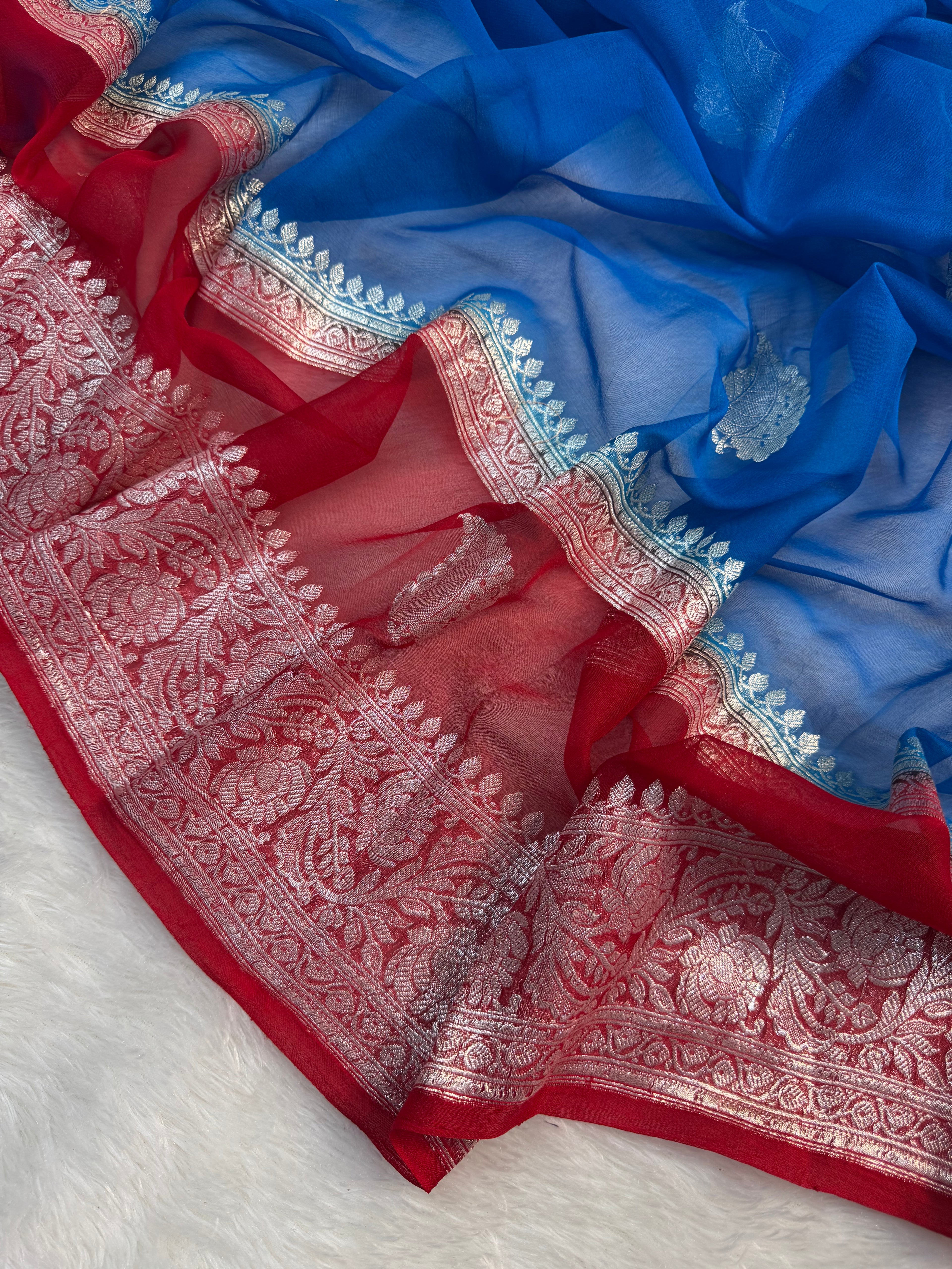 Azure Blue & Red Double Borders Pure Khaddi Chiffon Silk Banarasi Saree