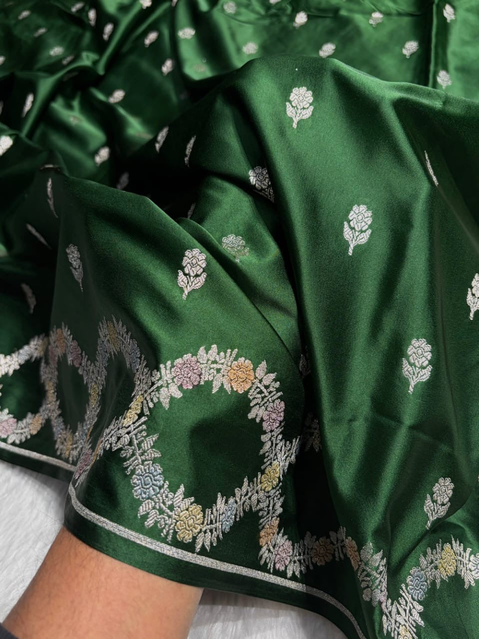 Bottle Green Meenakari Mashru Katan Silk Banarasi Saree