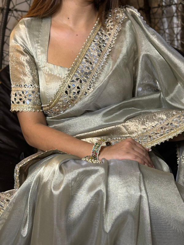 Moonlight Grey Banarasi Rajkumari Mirror Work Tissue Silk Saree