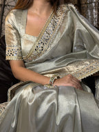 Moonlight Grey Banarasi Rajkumari Mirror Work Tissue Silk Saree
