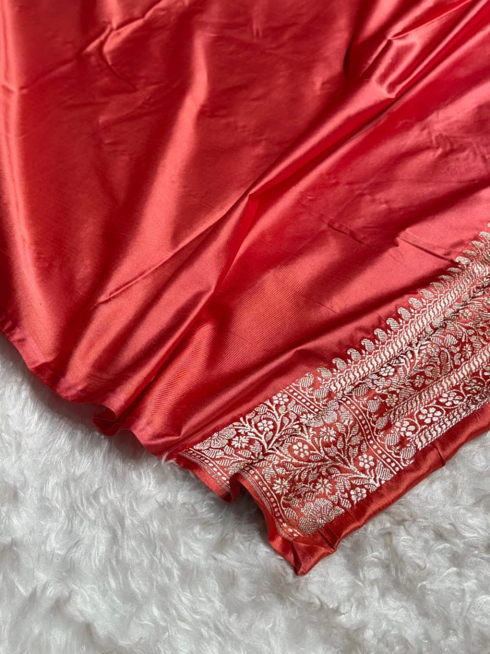 Rust Red Tanchui Meenakri Mashru Katan Silk Banarasi Saree