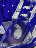 Royal blue Pure khaddi Chiffon Silk Banarasi Border Booti Saree