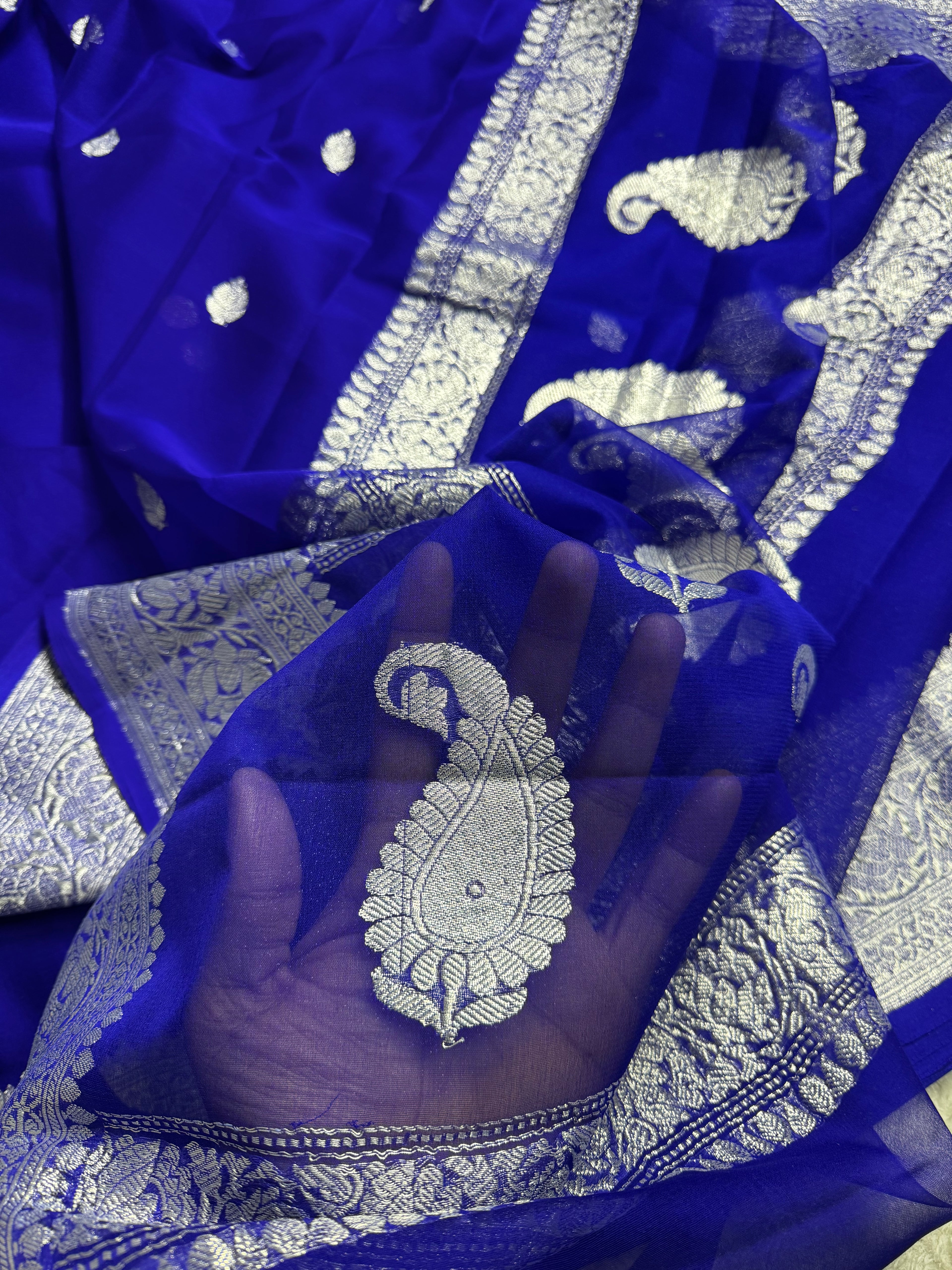 Royal blue Pure khaddi Chiffon Silk Banarasi Border Booti Saree