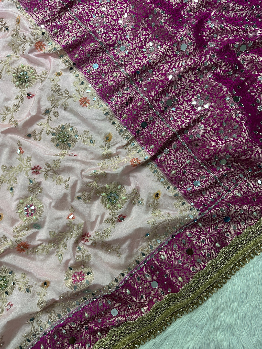 Baby Pink & Rani Pink Katan Silk Pearl & Mirror Work Banarasi Saree With Designer Lace