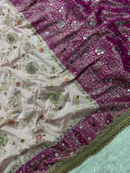 Baby Pink & Rani Pink Katan Silk Pearl & Mirror Work Banarasi Saree With Designer Lace