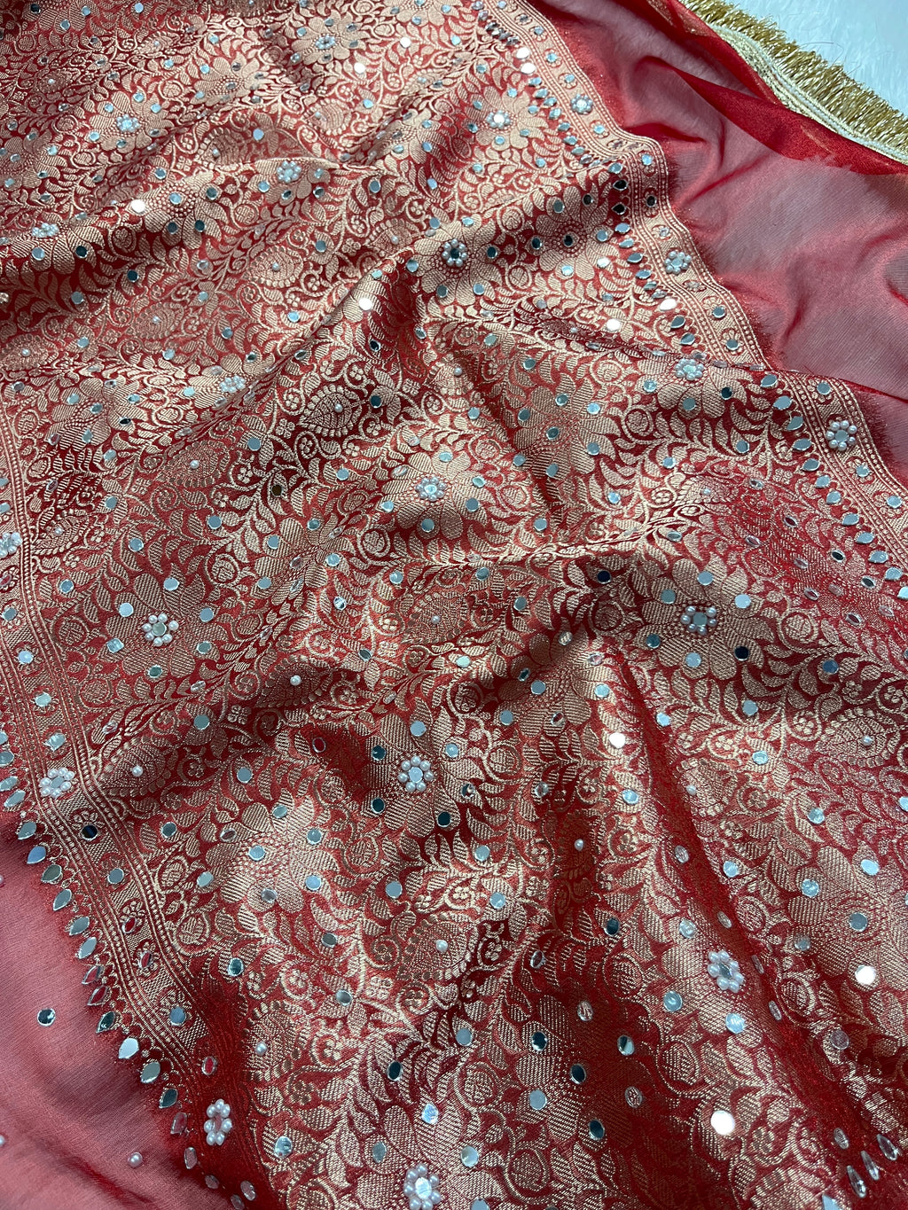 Red Tissue Silk Saree With Mirror & Pearl Work & Designer Lace Border