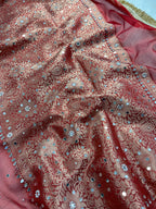 Red Tissue Silk Saree With Mirror & Pearl Work & Designer Lace Border