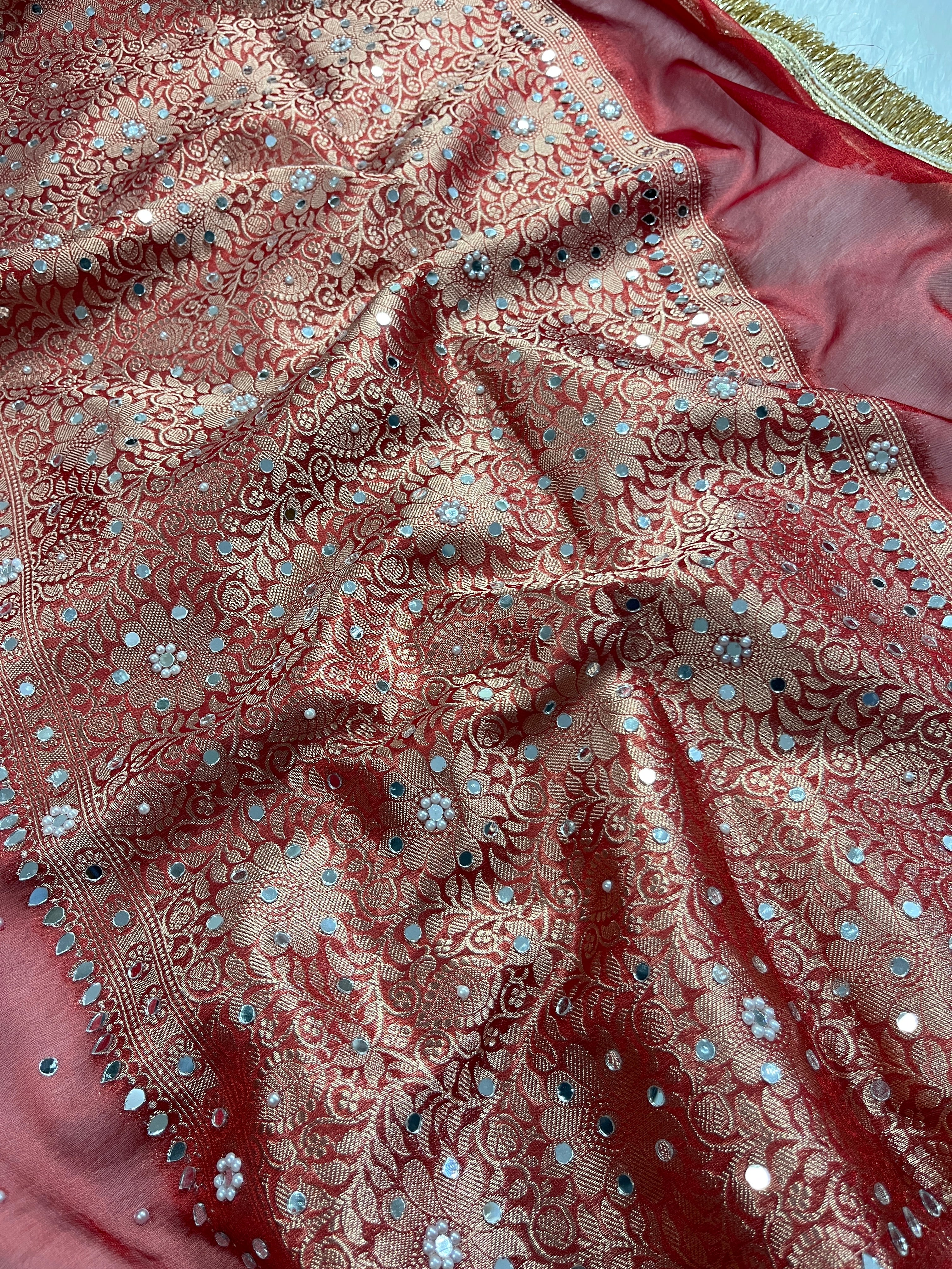 Red Tissue Silk Saree With Mirror & Pearl Work & Designer Lace Border