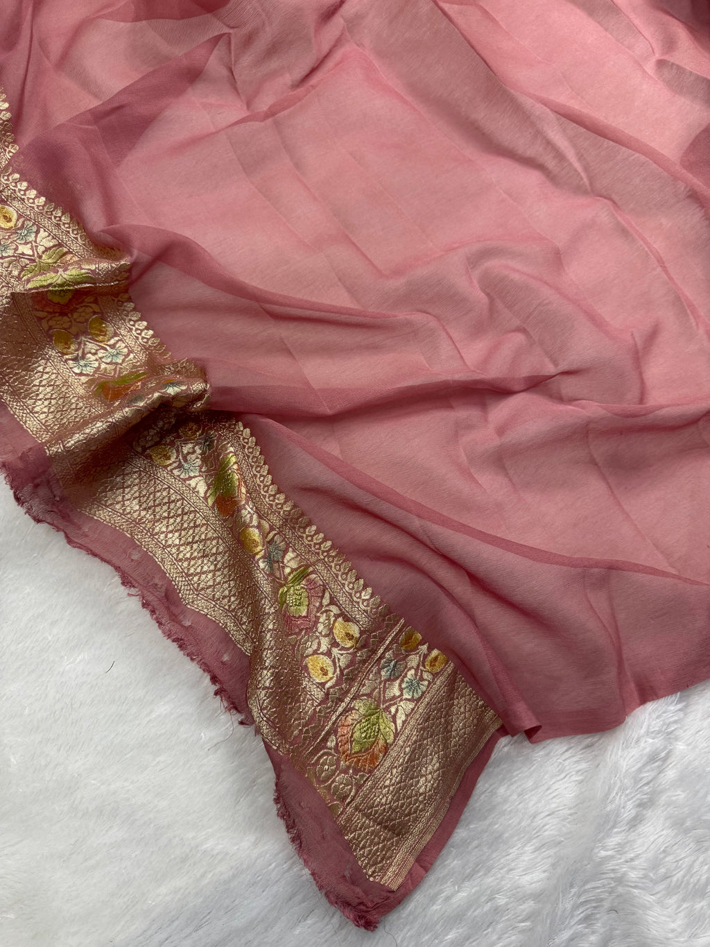 Tea Rose Handbrush Meenakari Pure Khaddi Georgette Silk Banarasi Saree