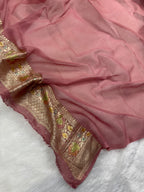 Tea Rose Handbrush Meenakari Pure Khaddi Georgette Silk Banarasi Saree
