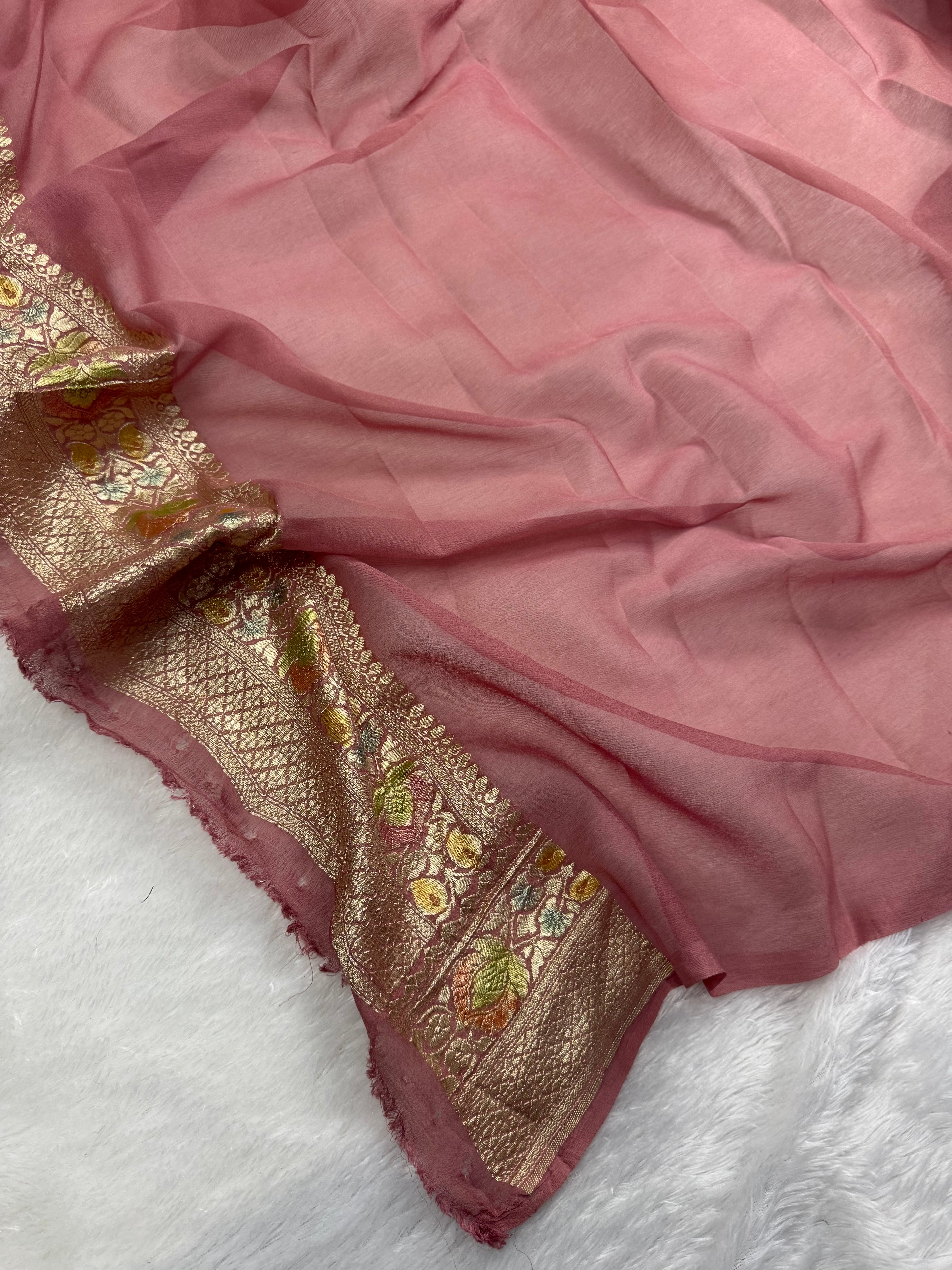 Tea Rose Handbrush Meenakari Pure Khaddi Georgette Silk Banarasi Saree