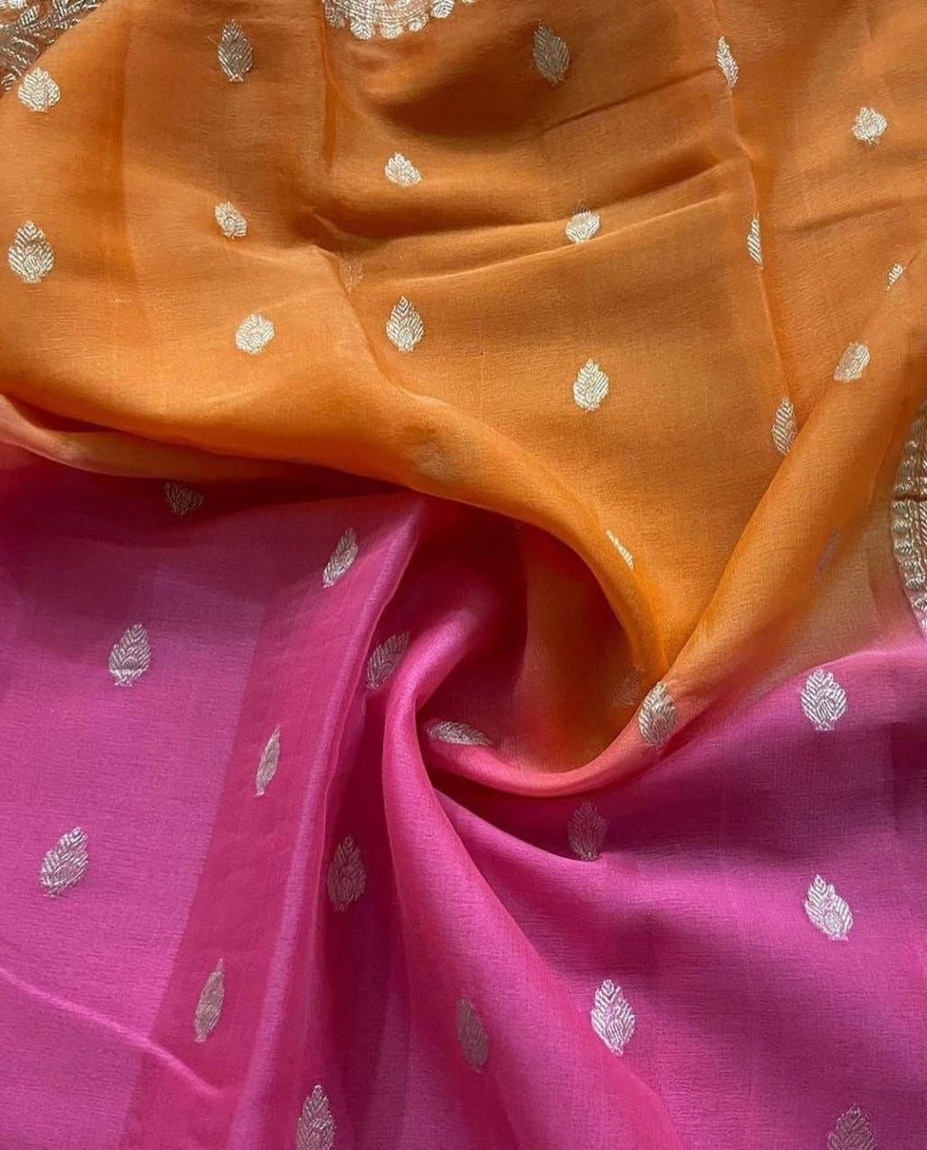 Mustard Orange & Rani Pink Pure Khaddi Chiffon Silk Banarasi Saree
