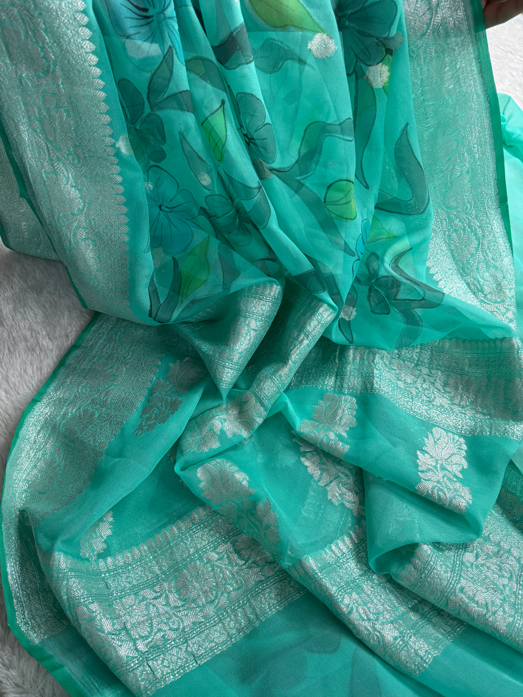 Sea Green Handbrush Pure Khaddi Chiffon Silk Banarasi Saree
