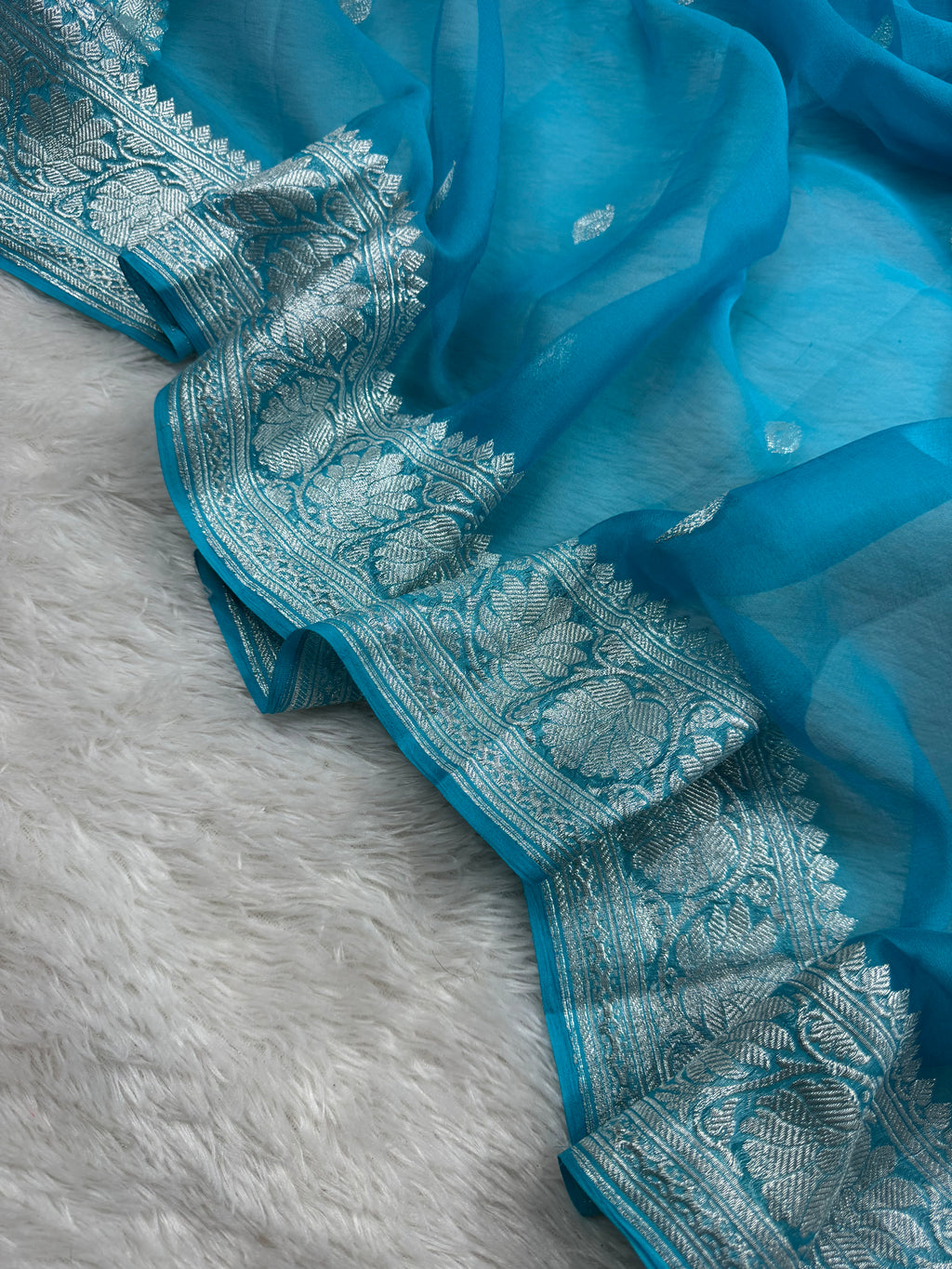 Sky Blue Pure Khaddi Chiffon Silk Banarasi Saree