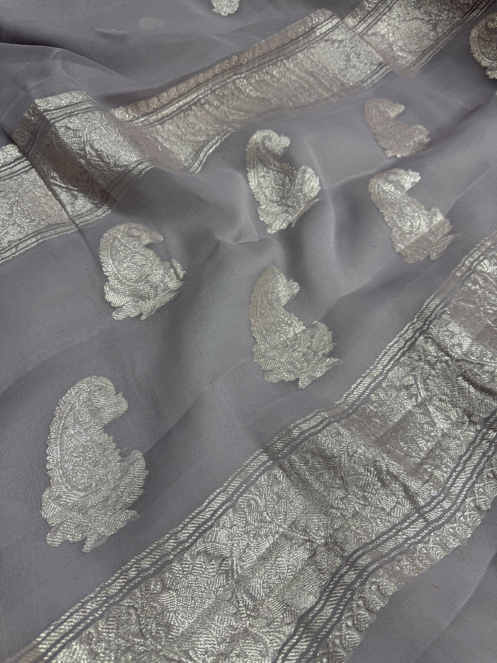 Grey Pure Khaddi Chiffon Silk Banarasi Saree