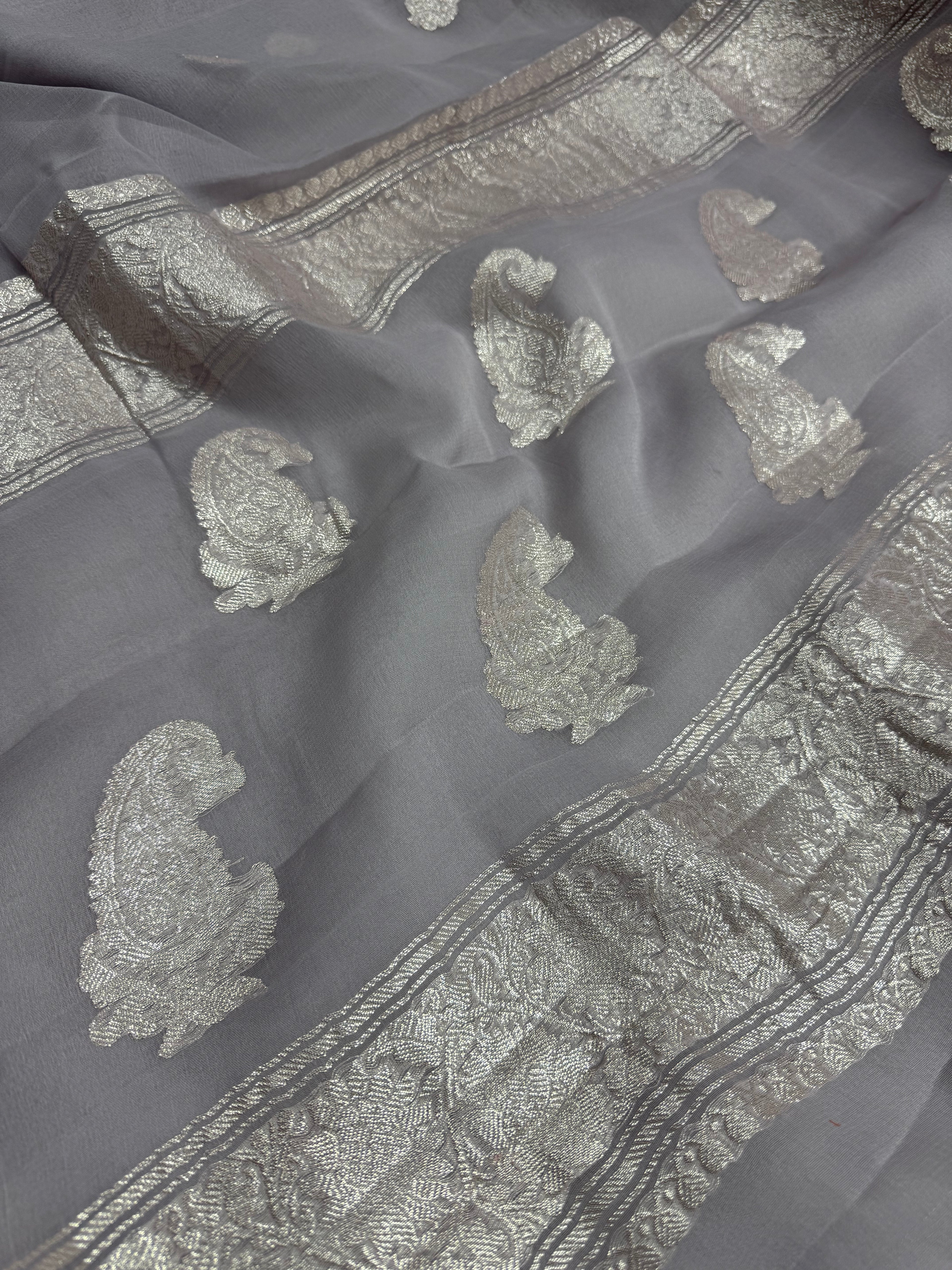 Grey Pure Khaddi Chiffon Silk Banarasi Saree