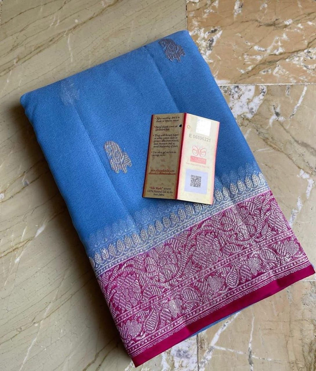 Sky blue & Rani Pink Pure Khaddi Chiffon Silk Banarasi Saree
