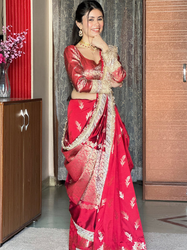 Maroon Red Banarasi Nazakat Soft Silk Saree