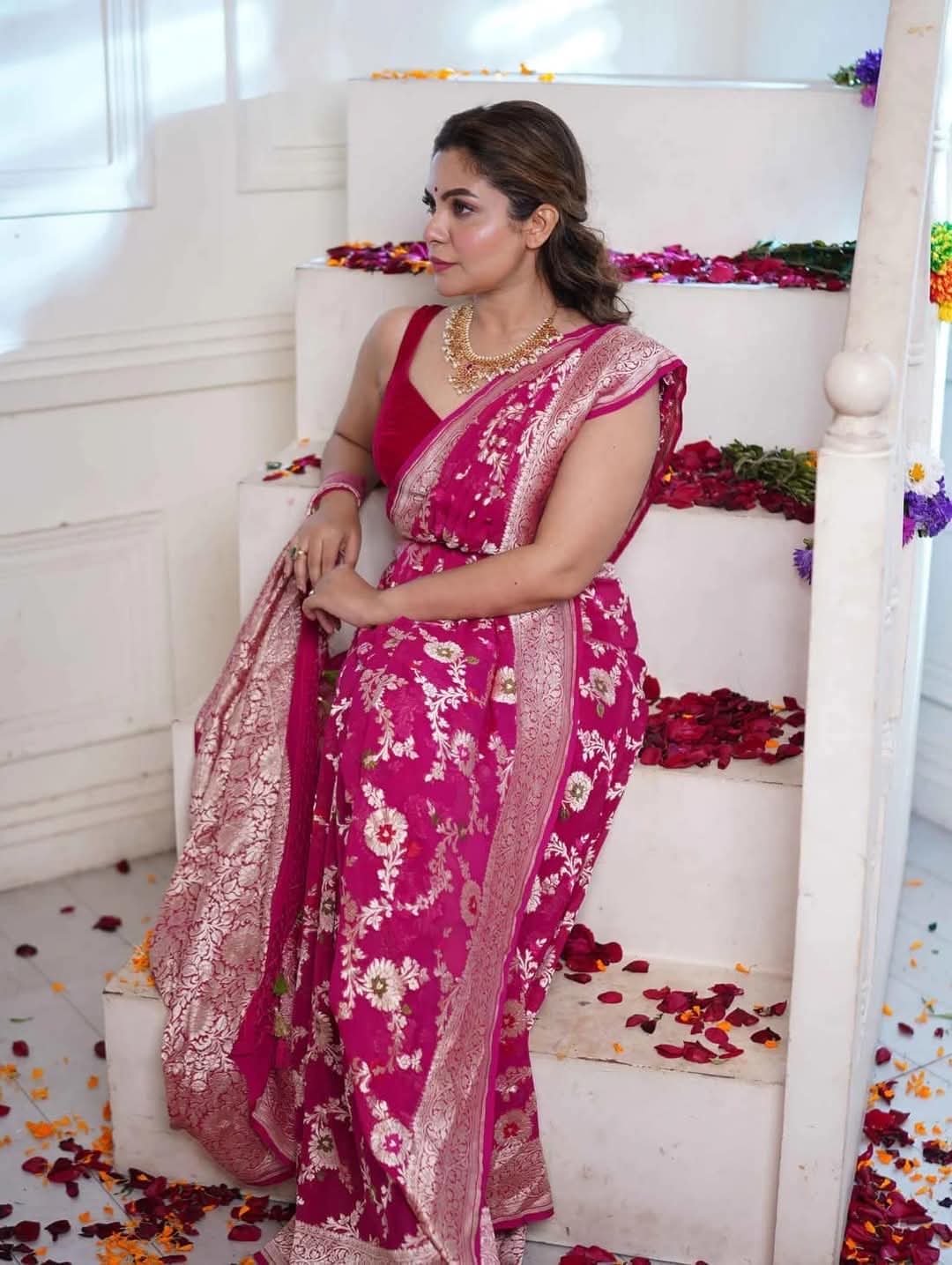 Rani Pink Pure Khaddi Georgette Silk Banarasi Meenakari Saree