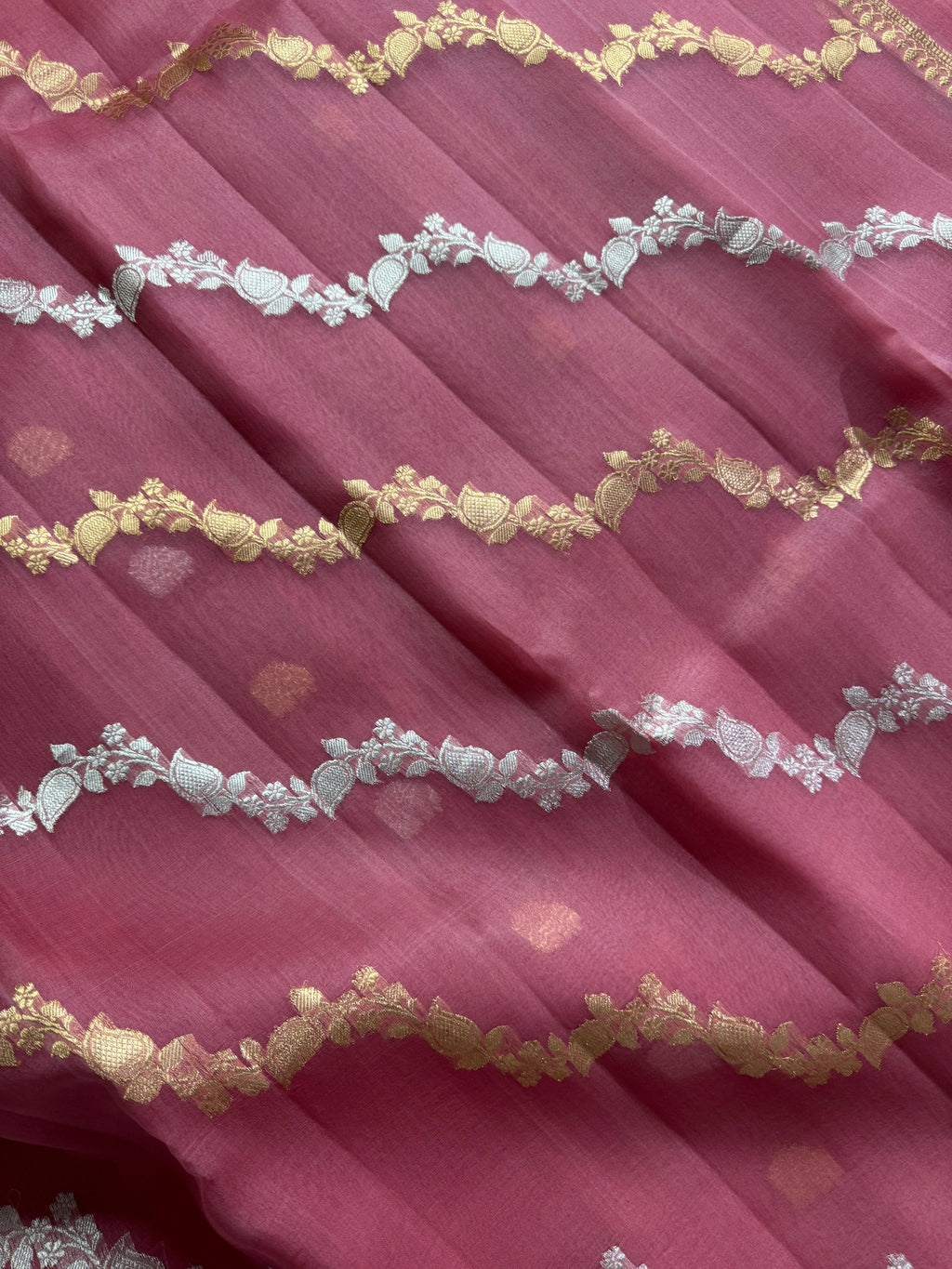 Dusty Rose Stripe Sona & Roopa Pure Kora Organza Silk Banarasi Saree