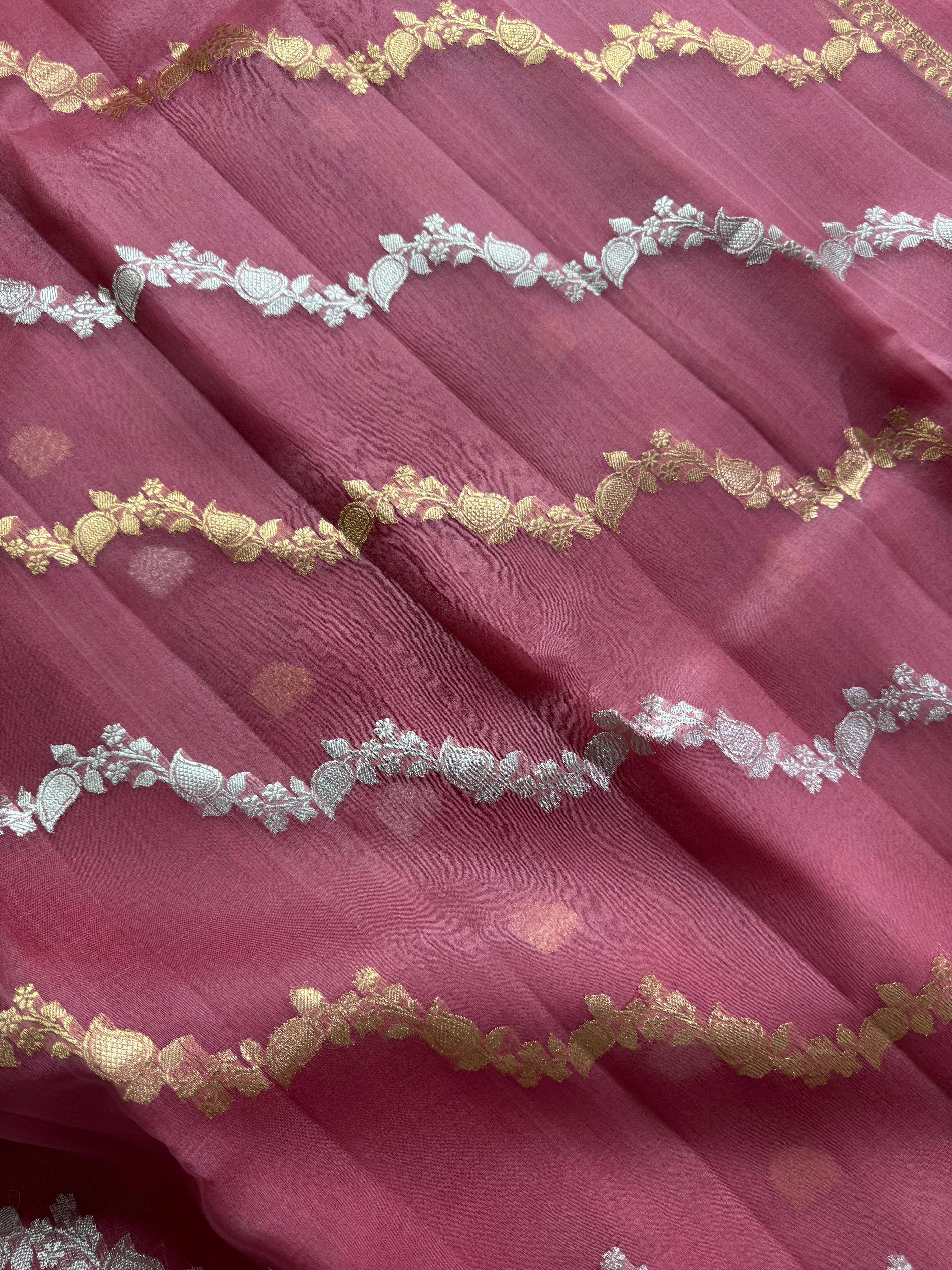 Dusty Rose Stripe Sona & Roopa Pure Kora Organza Silk Banarasi Saree
