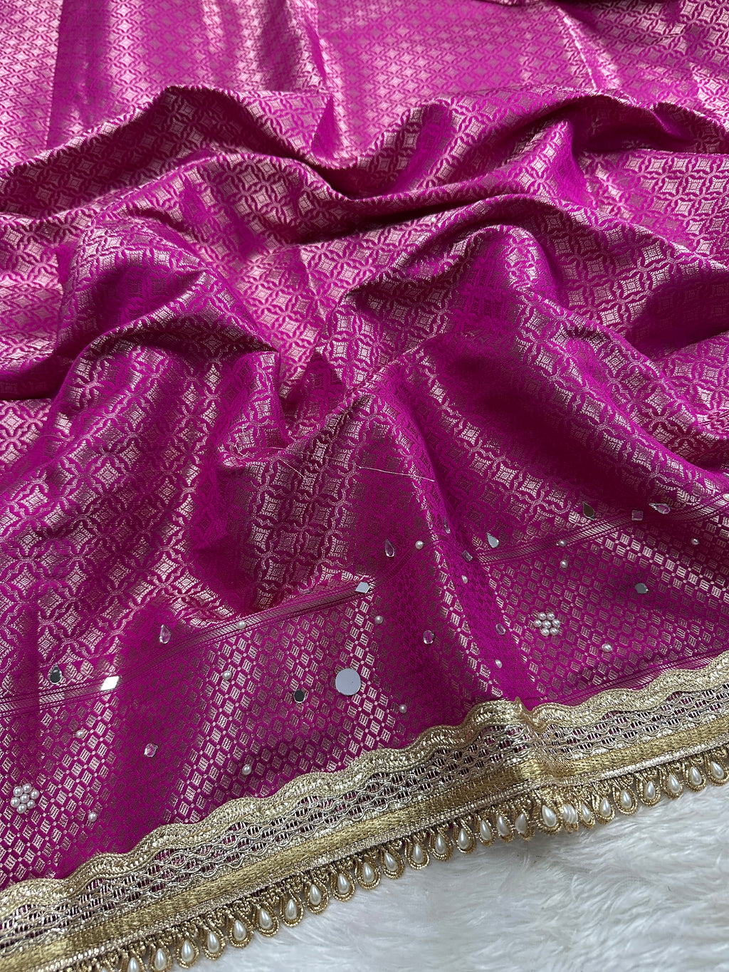 Baby Pink & Rani Pink Katan Silk Pearl & Mirror Work Banarasi Saree With Designer Lace