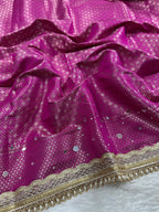 Baby Pink & Rani Pink Katan Silk Pearl & Mirror Work Banarasi Saree With Designer Lace