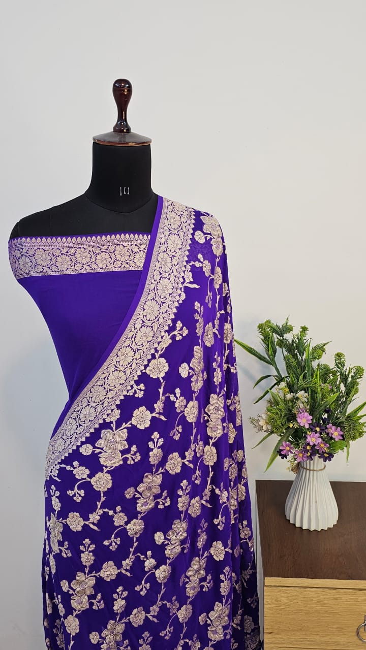 Royal Purple Pure Khaddi Georgette Silk Banarasi Saree