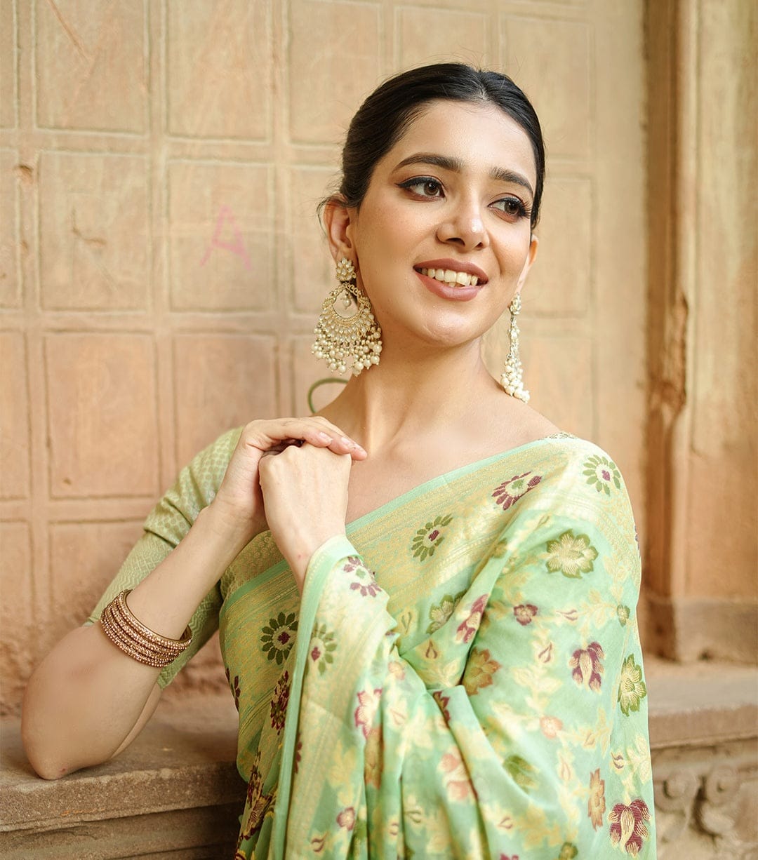 Pista Green Pure Chiffon Silk Banarasi Saree
