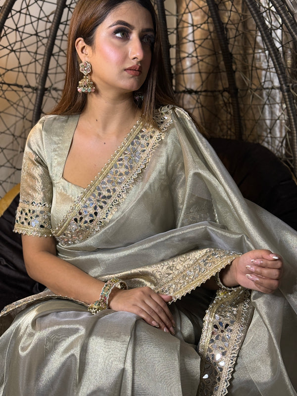 Moonlight Grey Banarasi Rajkumari Mirror Work Tissue Silk Saree
