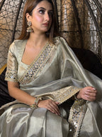 Moonlight Grey Banarasi Rajkumari Mirror Work Tissue Silk Saree
