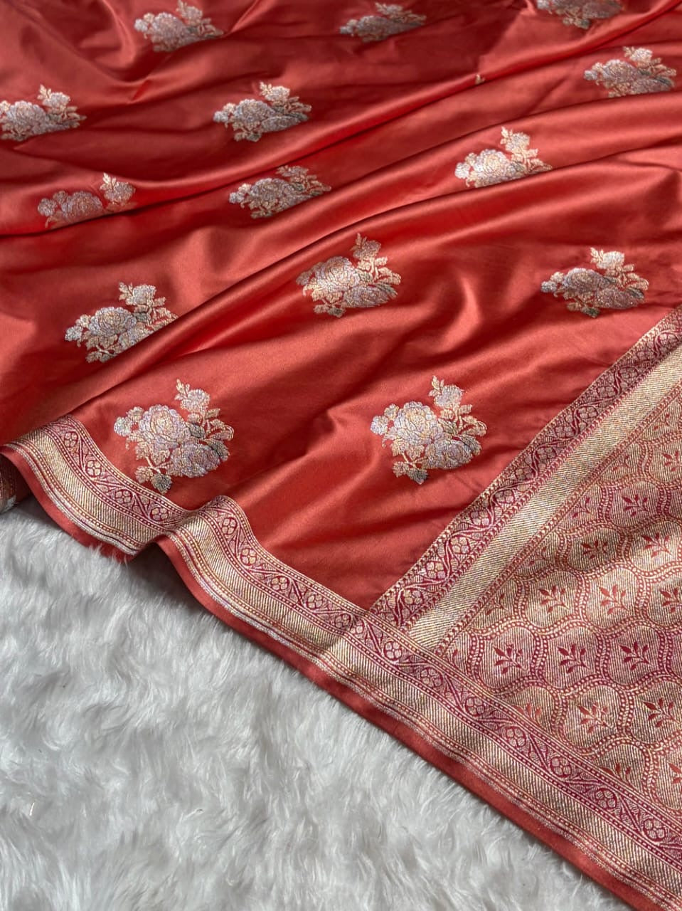 Peach Meenakari Mashru Katan Silk Banarasi Saree