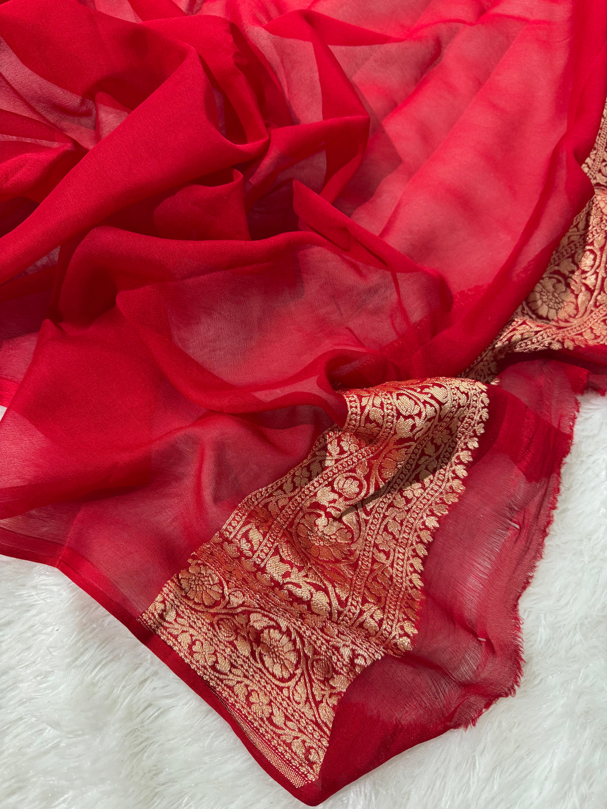 Red Pure Khaddi Georgette Silk Banarasi Booti Saree