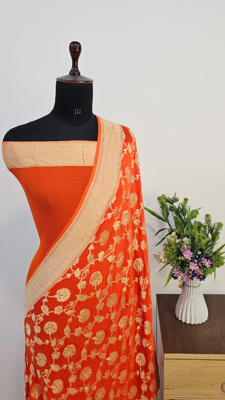 Orange Pure Khaddi Georgette Silk Banarasi Saree