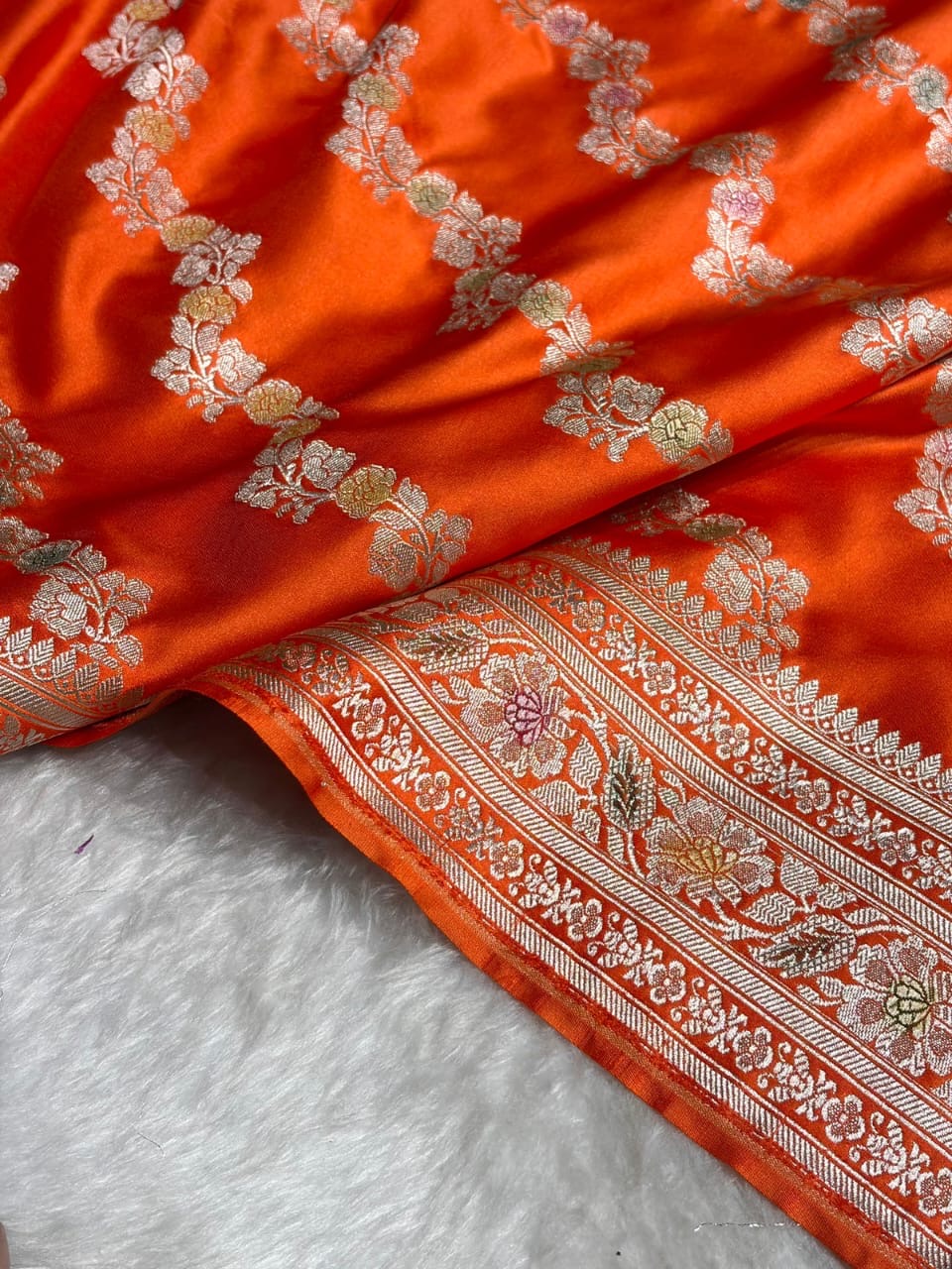 Orange Meenakri Mashru Katan Silk Banarasi Saree