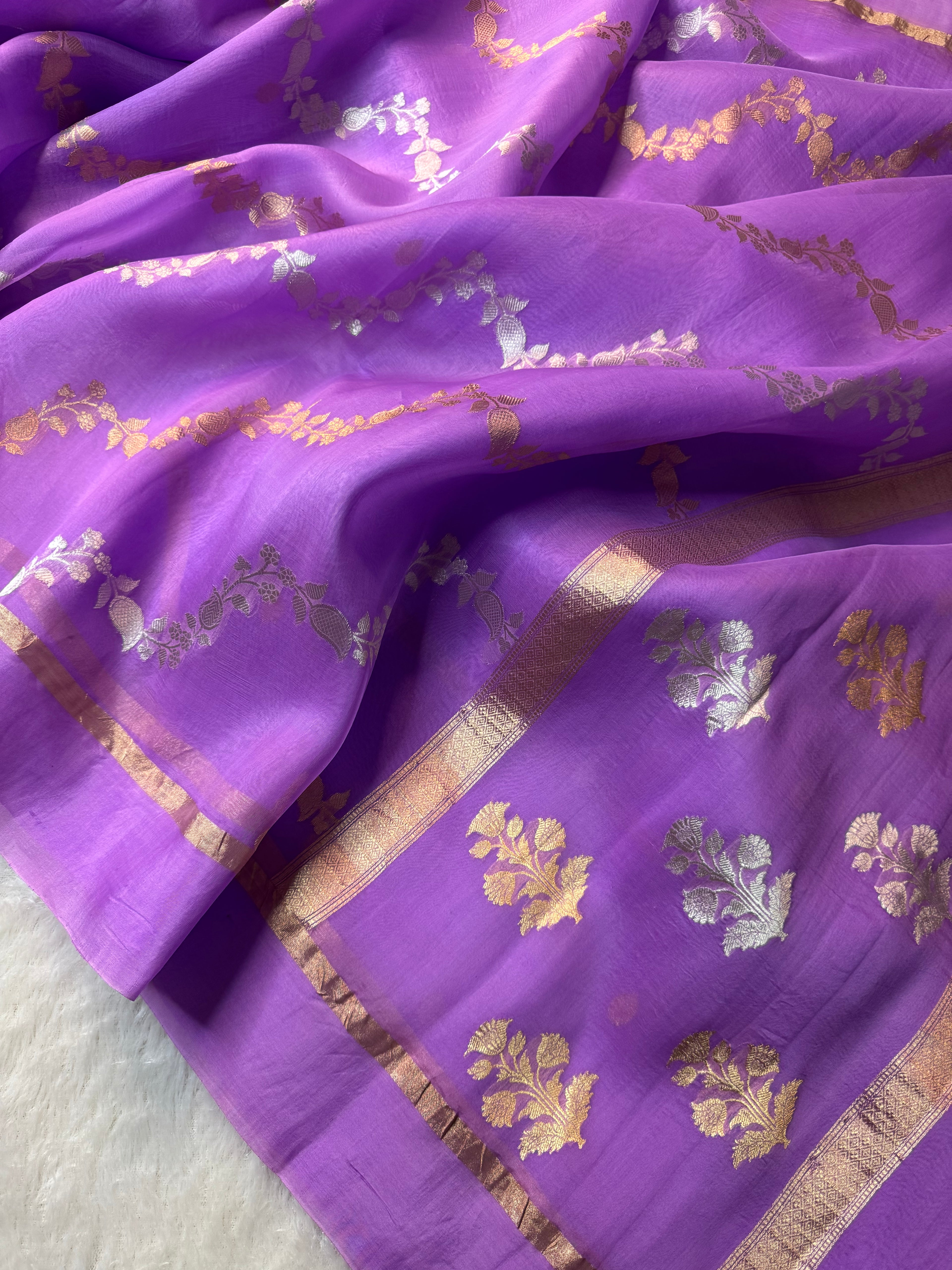 Lavender Stripe Sona & Roopa Pure Kora Organza Silk Banarasi Saree