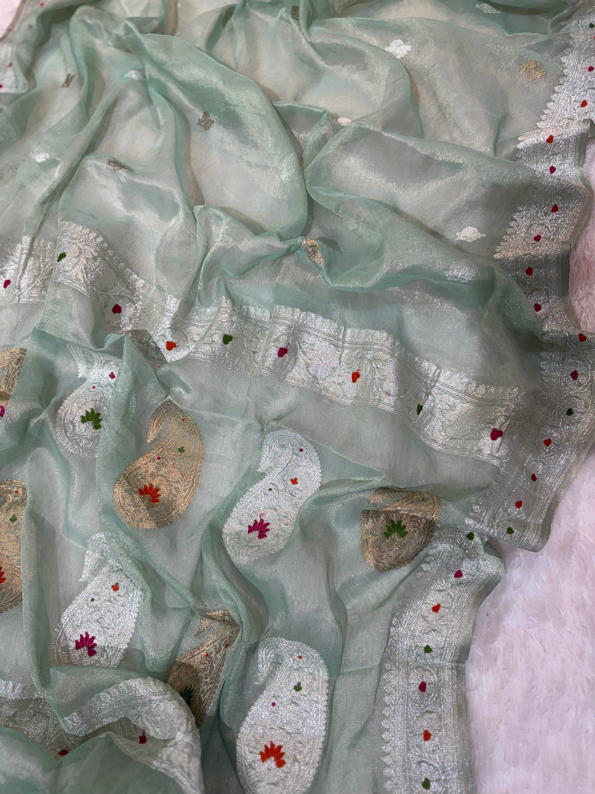 Light Sea Green Pure Khaddi Tissue Chiffon Sona & Roopa Meenakari Banarasi Saree