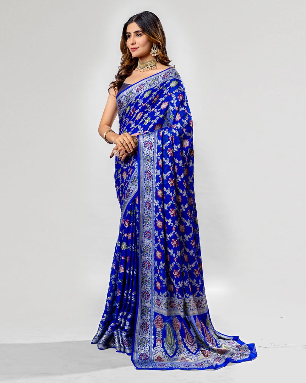 Royal Blue Pure Chiffon Silk Banarasi Saree