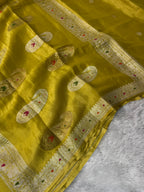 Yellow Pure Khaddi Tissue Chiffon Sona & Roopa Meenakari Banarasi Saree
