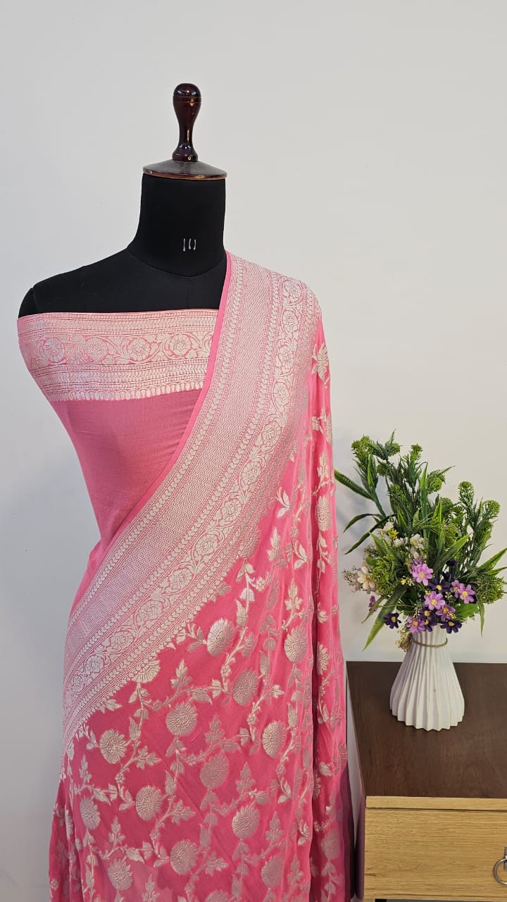 Pink Pure Khaddi Georgette Silk Banarasi Saree