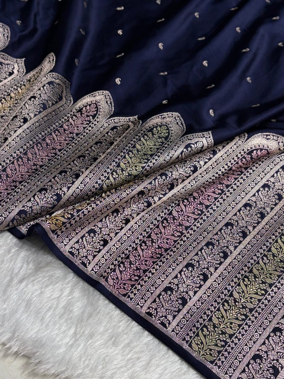 Navy Blue Meenakari Mashru Katan Silk Banarasi Saree